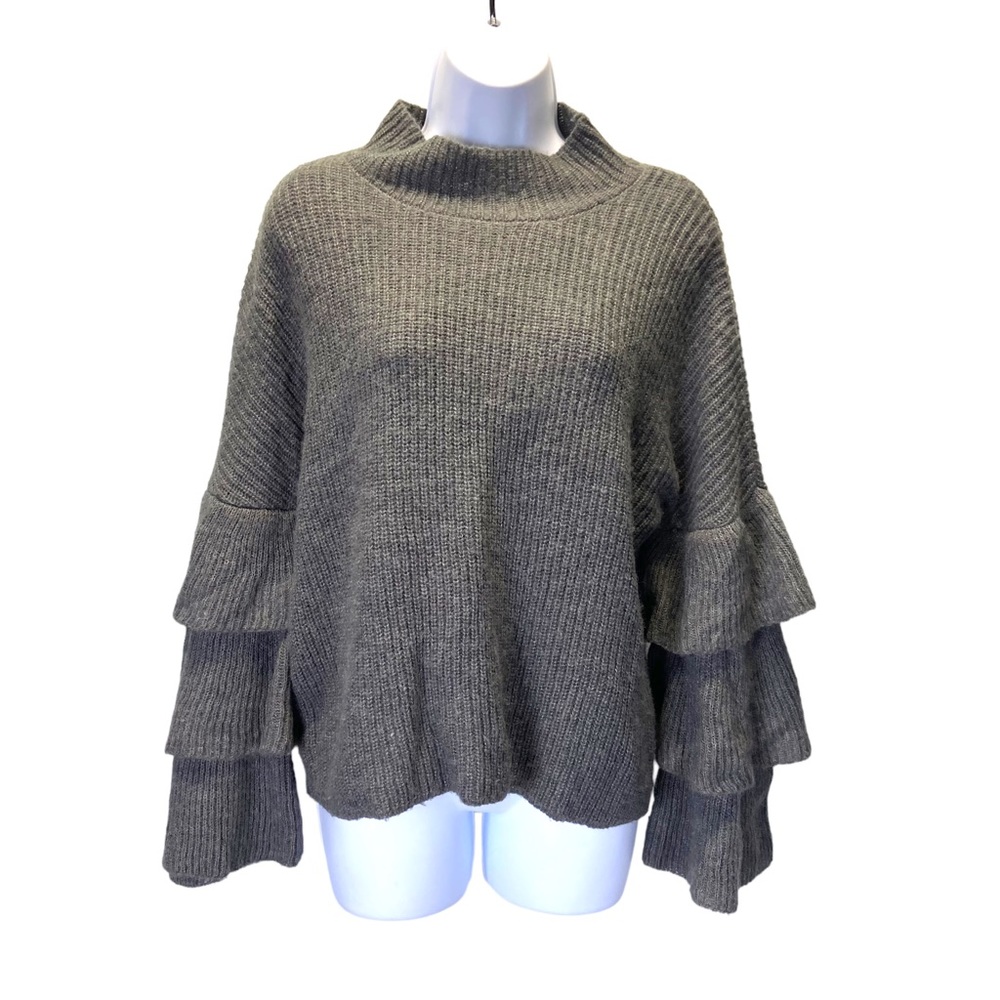 Ruby Moon Wool Mohair Blend Tiered Ruffle Sleeve Sweater Mock Neck  XL